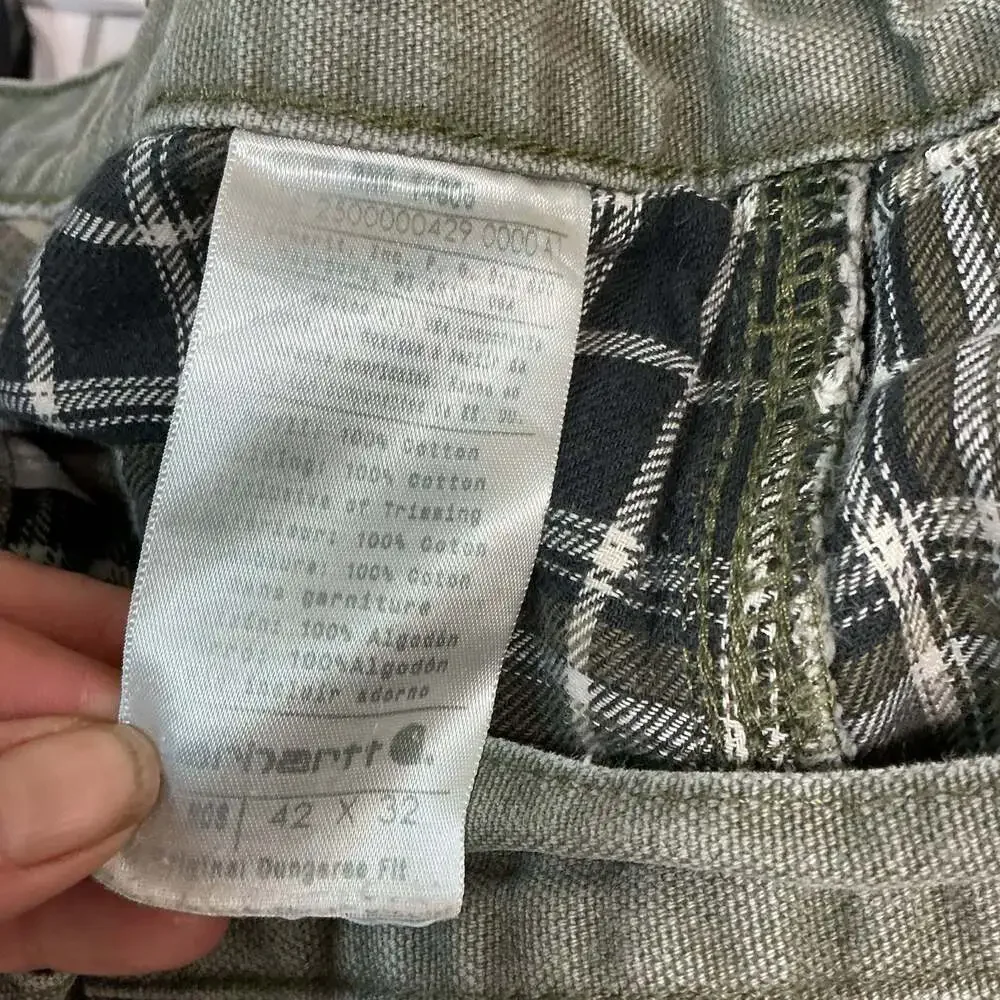 Carhartt Vintage Flannel-Lined Green Canvas Carpenter Work Pants Distressed